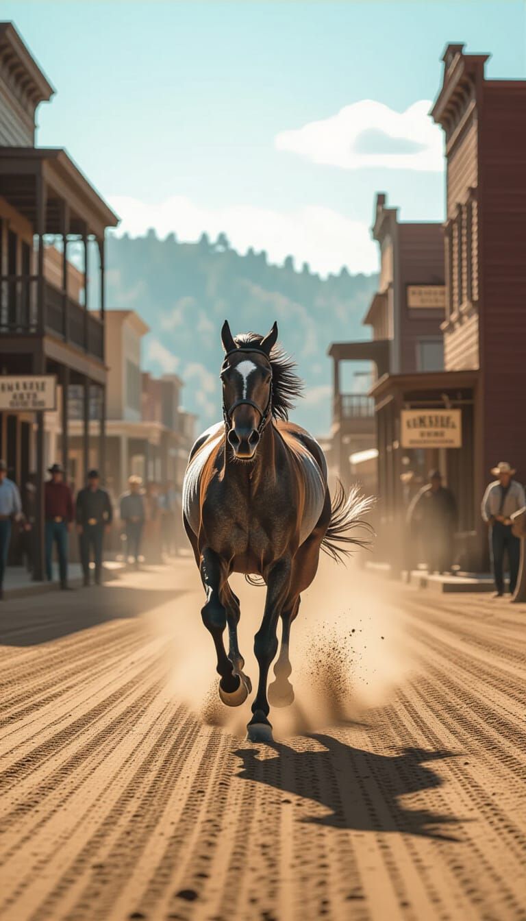 Muscular Greyhound Gallops Through Dusty Western City