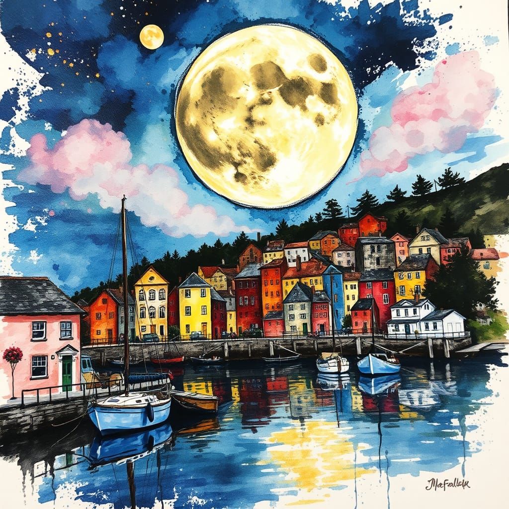 Harbor Village Under Moon in Alcohol-Ink Impasto Style