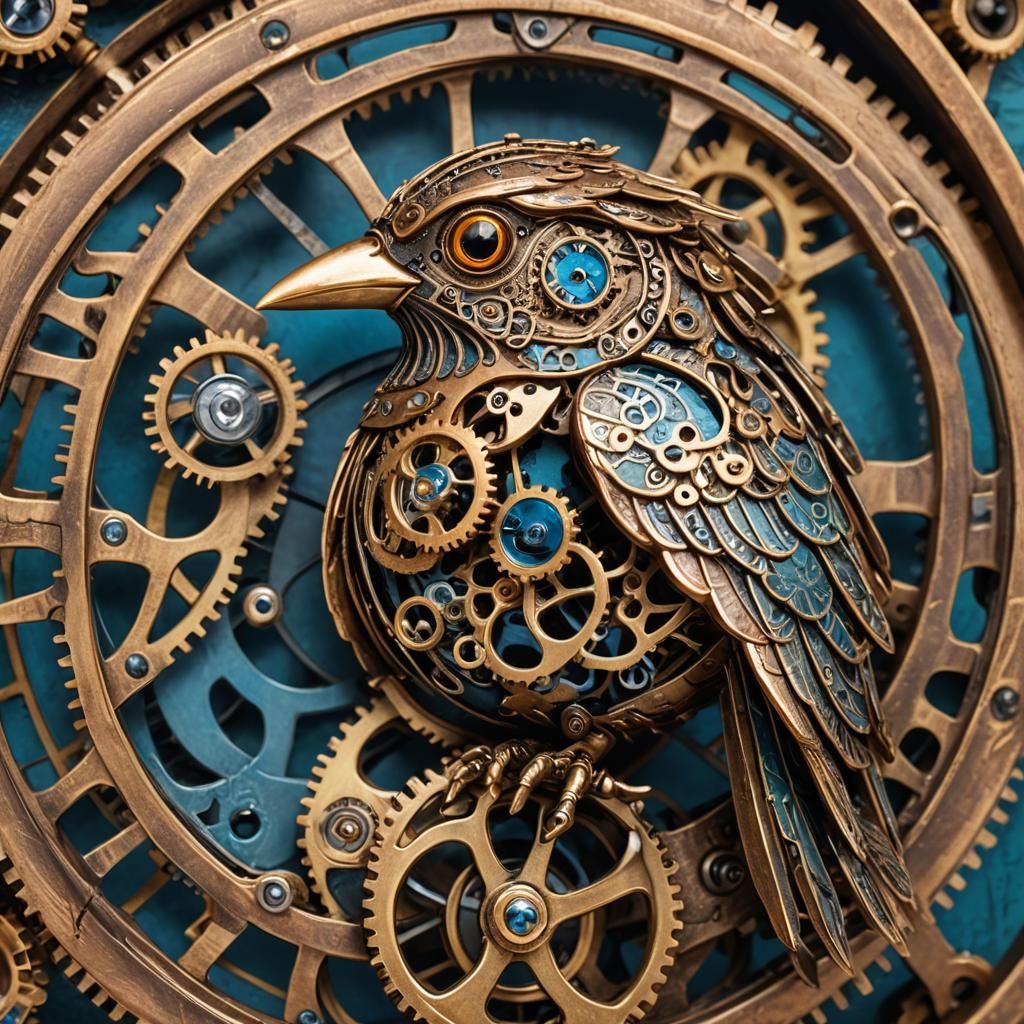 Steampunk Bird with Clockwork Mechanism, Macro Photography
