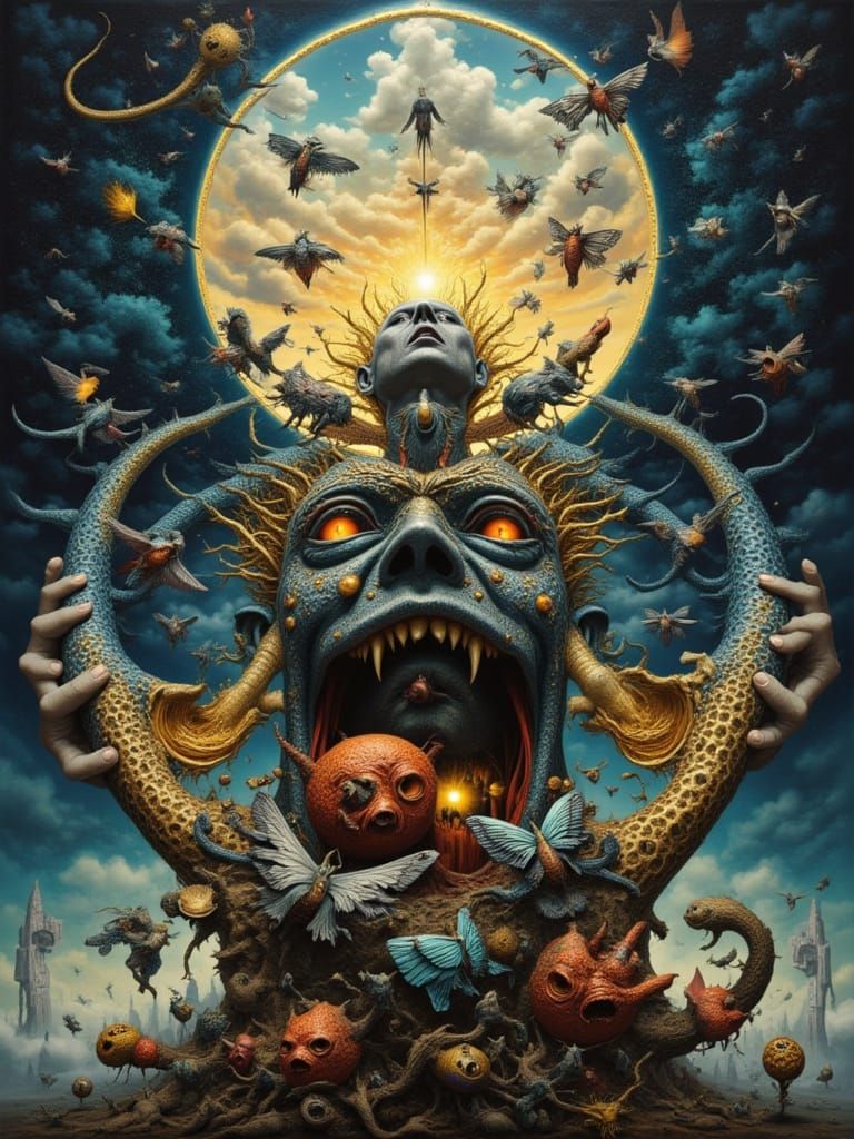 Man Fights Peacock Mutation in Fractal Sky