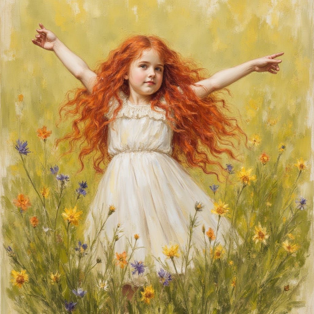 Watercolor Portrait of Red-Haired Girl in Meadow