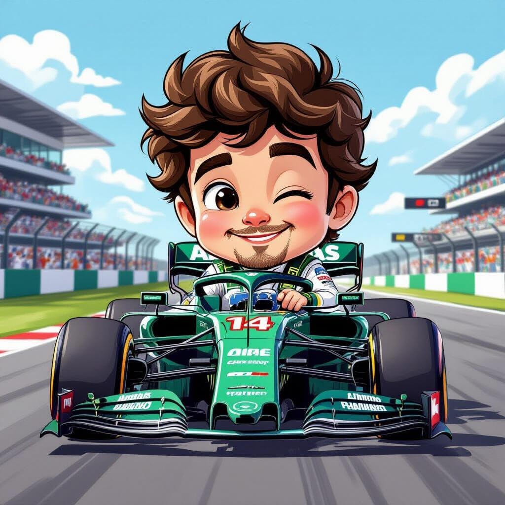 A caricature of baby Fernando Alonso giving a wink in his nu...