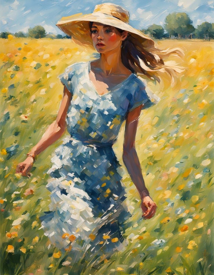 Impressionist Scene of Summer Dress Running in Field