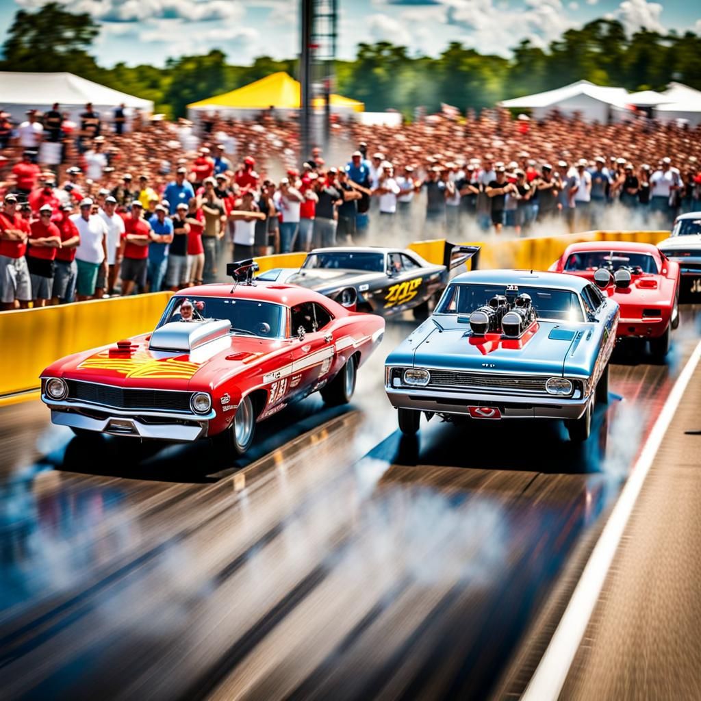 A lively crowd watching in anticipation as two drag racing cars rev up their engines