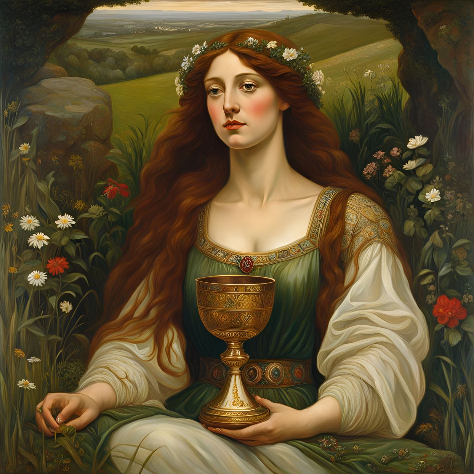 Pre-Raphaelite Woman with Holy Grail and Flowers