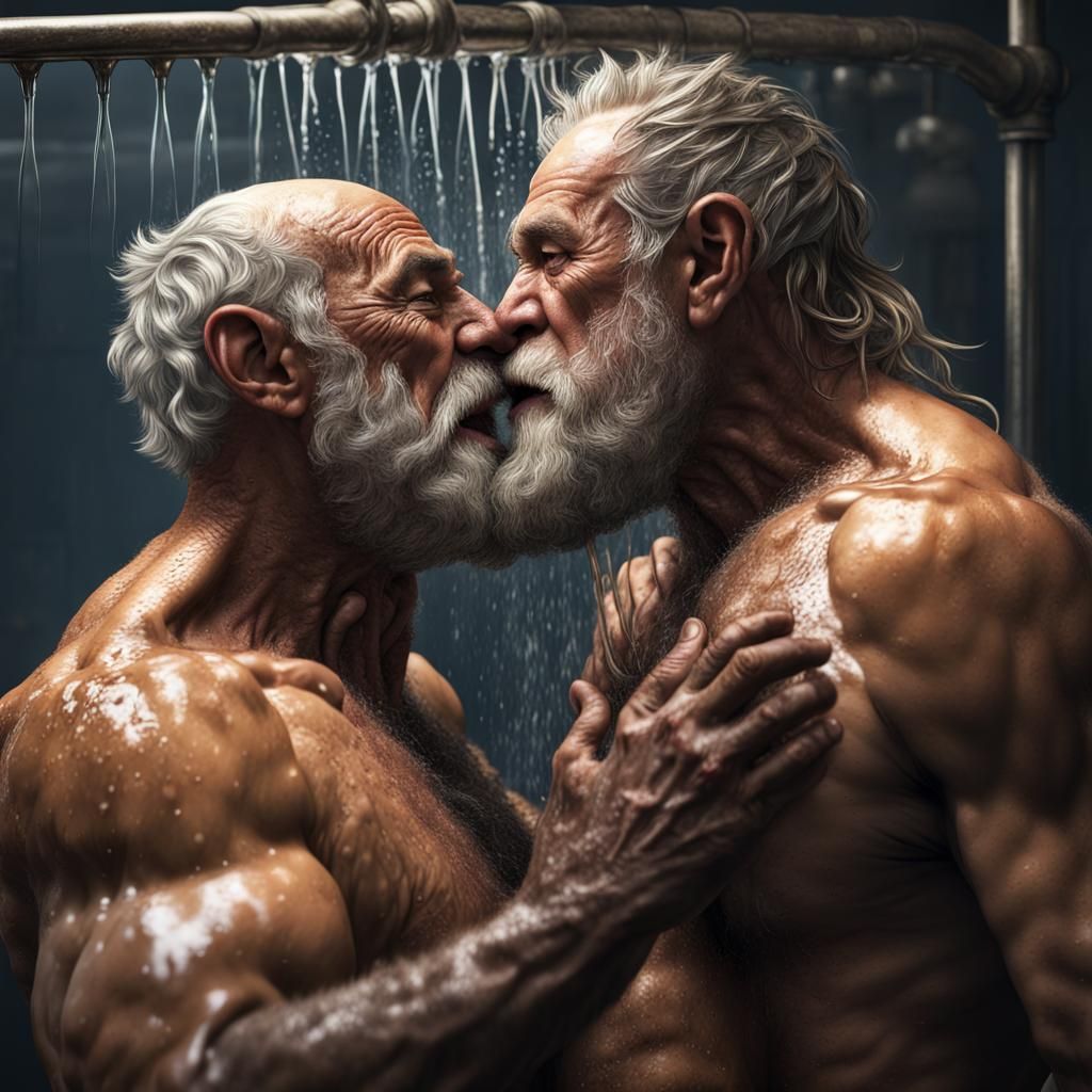 Intimate Kiss Between Two Rugged Old Men