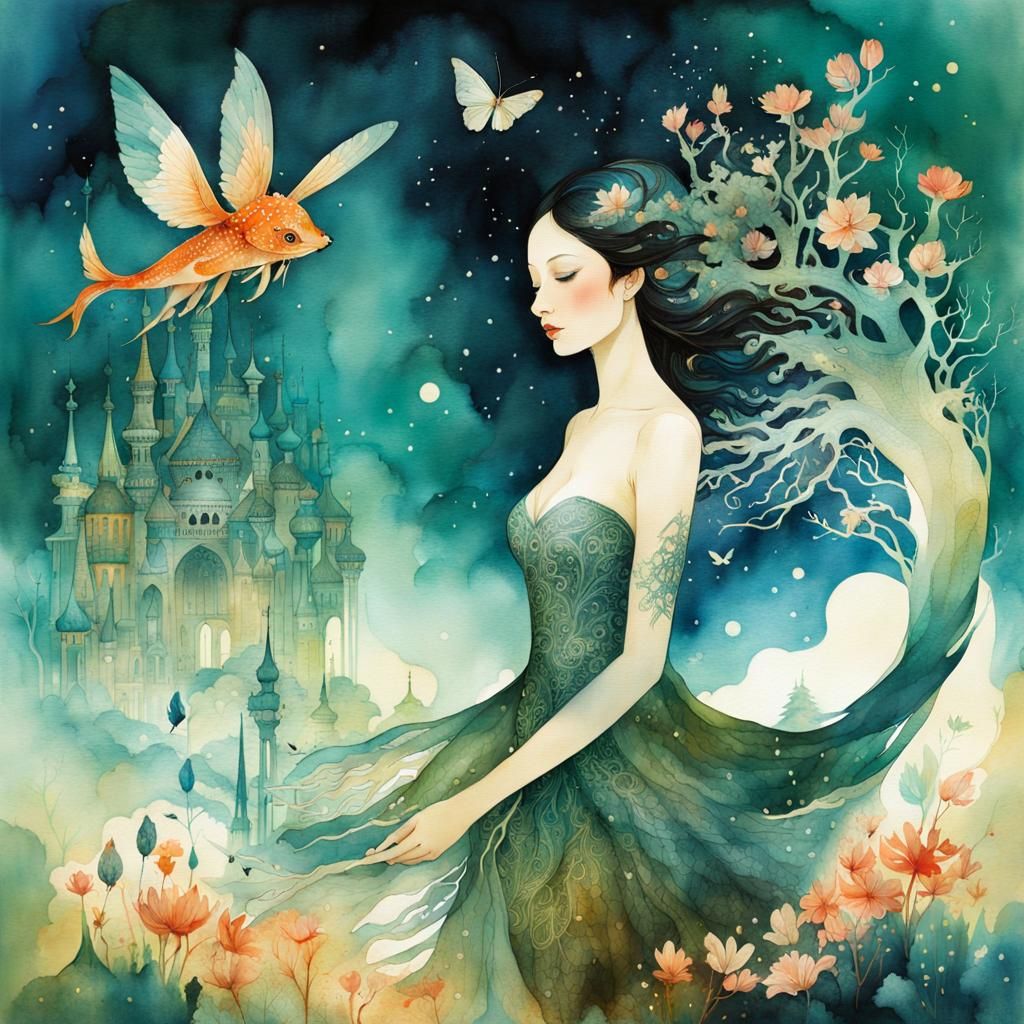 Whimsical Fantasy Utopia: Double Exposure Aquarelle