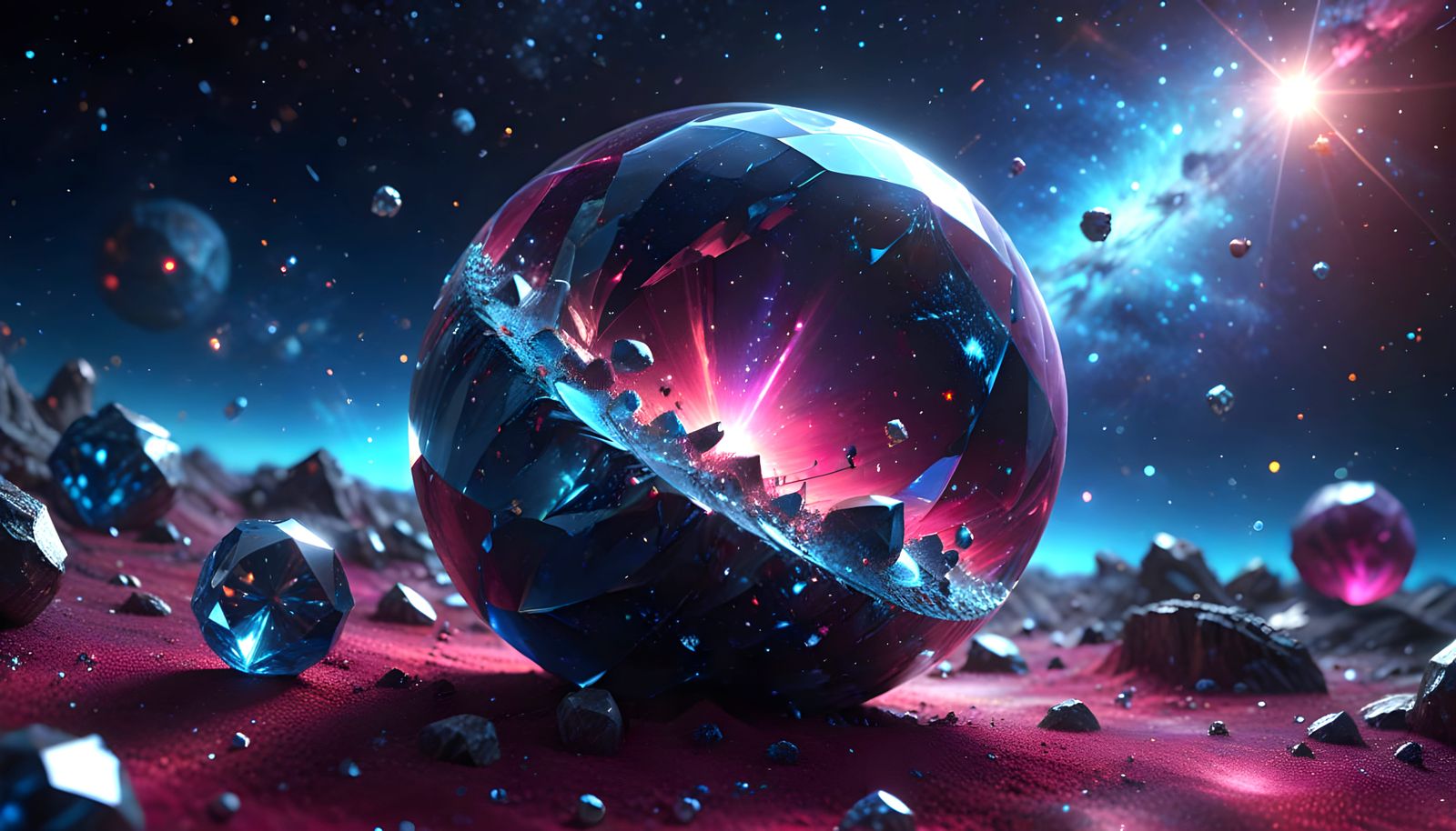 Vibrant Geometric Cosmic Scene with Crystal Planets