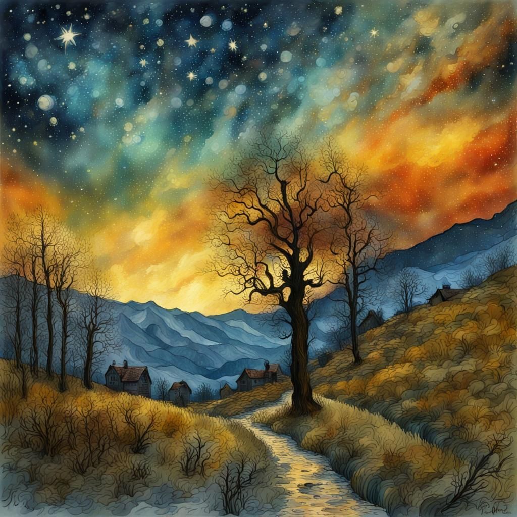 Solitary Oak Beneath Starry Night Sky