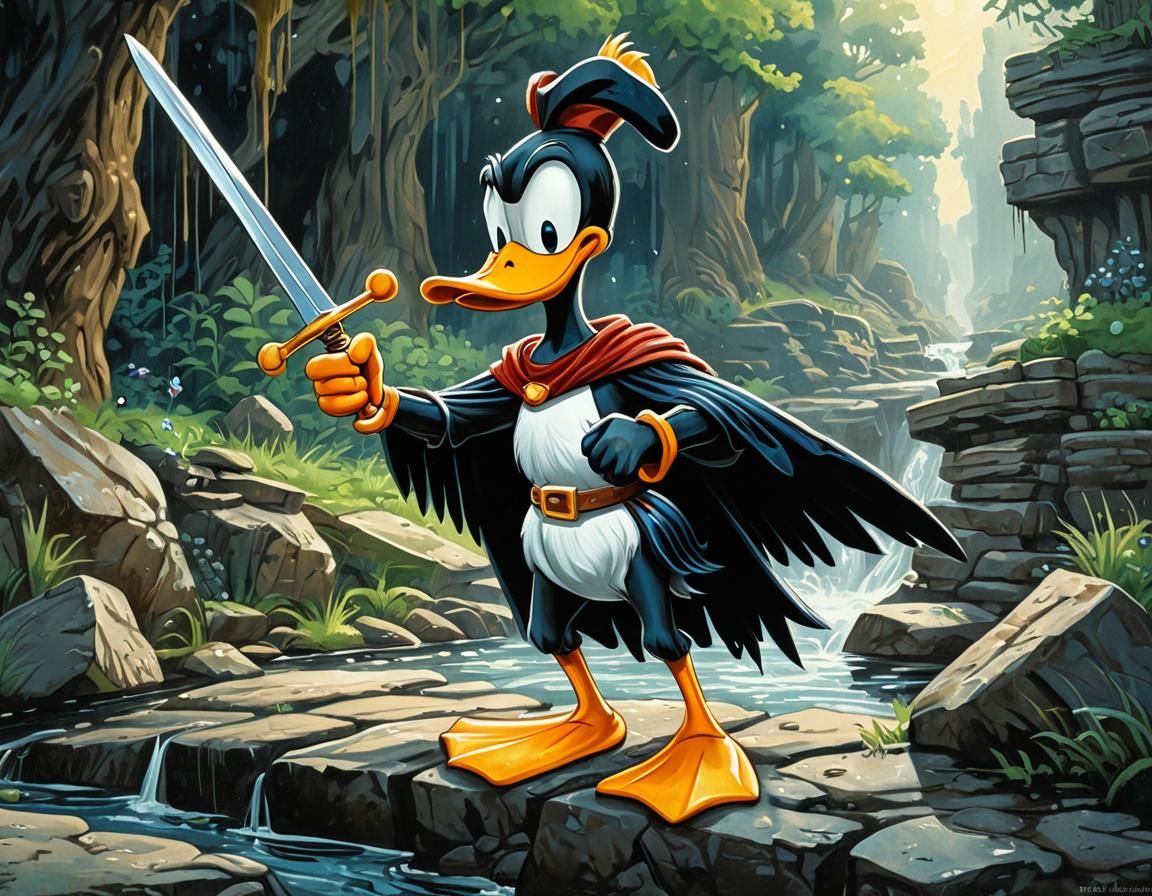 Daffy Duck as King Arthur: Gouache Watercolor Art
