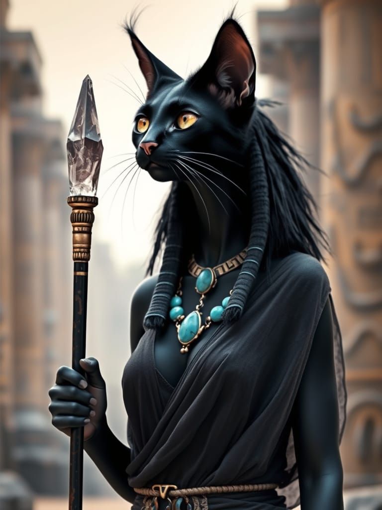 Egyptian Goddess Bastet with Black Cat Head, Punk Style