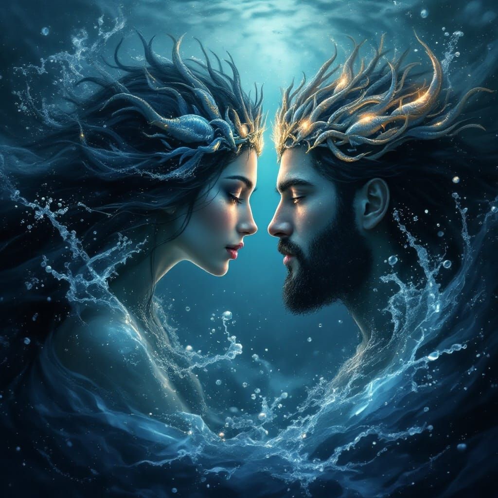 Ocean Gods Face Off in Fluid Watercolor