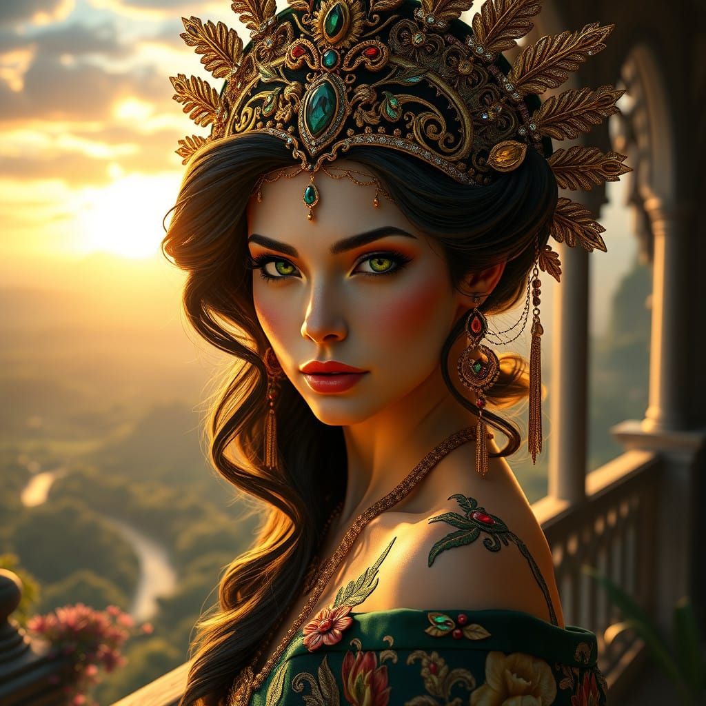 Ethereal Princess on Castle Balcony in Exquisite Art Nouveau...