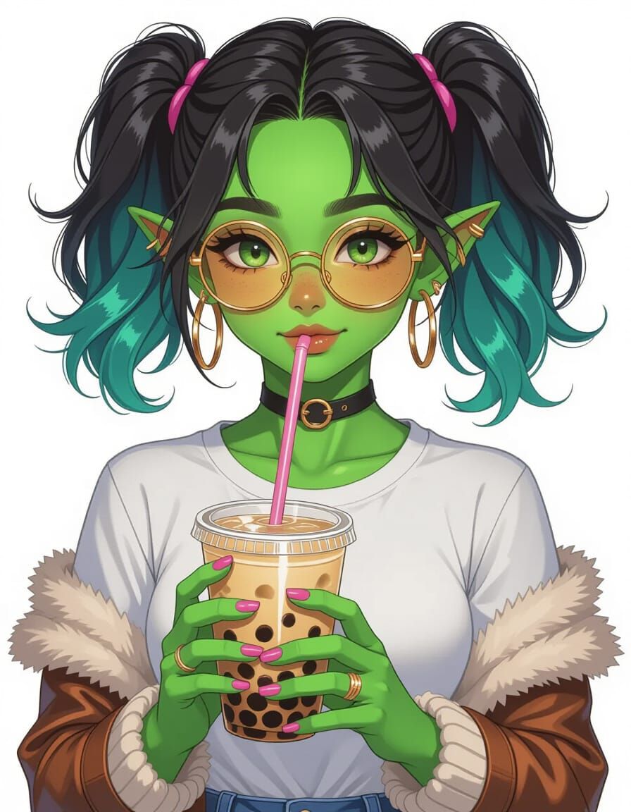 Kawaii Uruk-Hai Girl with Boba Tea in Anime Style