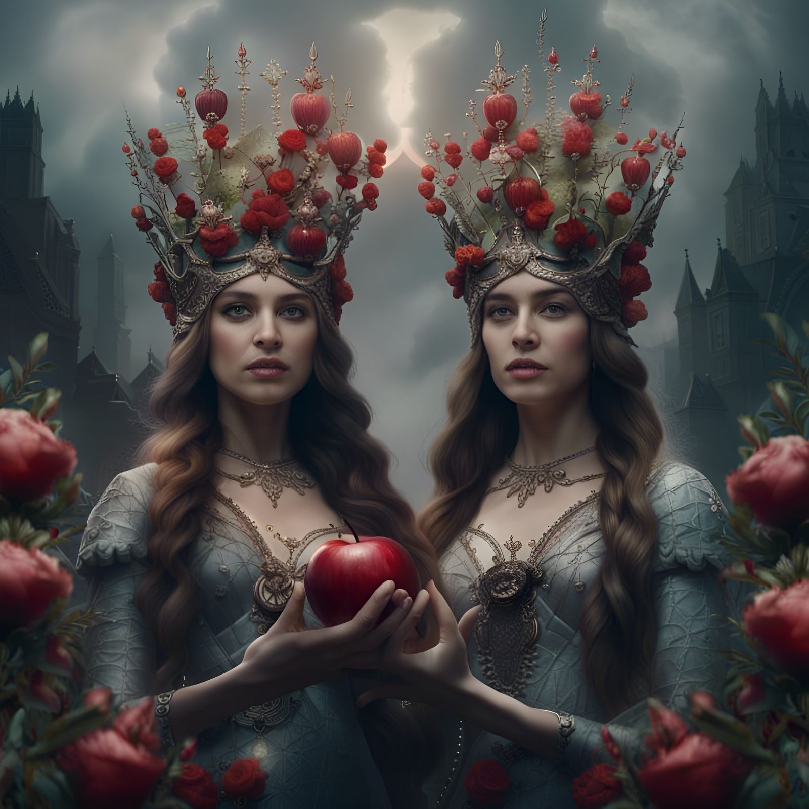 Queens with Crowns Holding Bleeding Apple