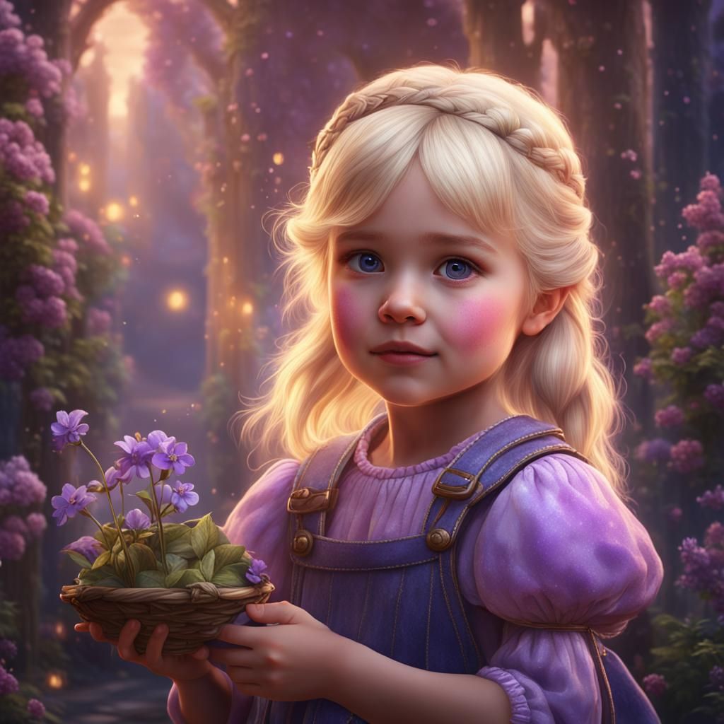 Cute Blond Girl Holding Violet: Pastel Fantasy Art