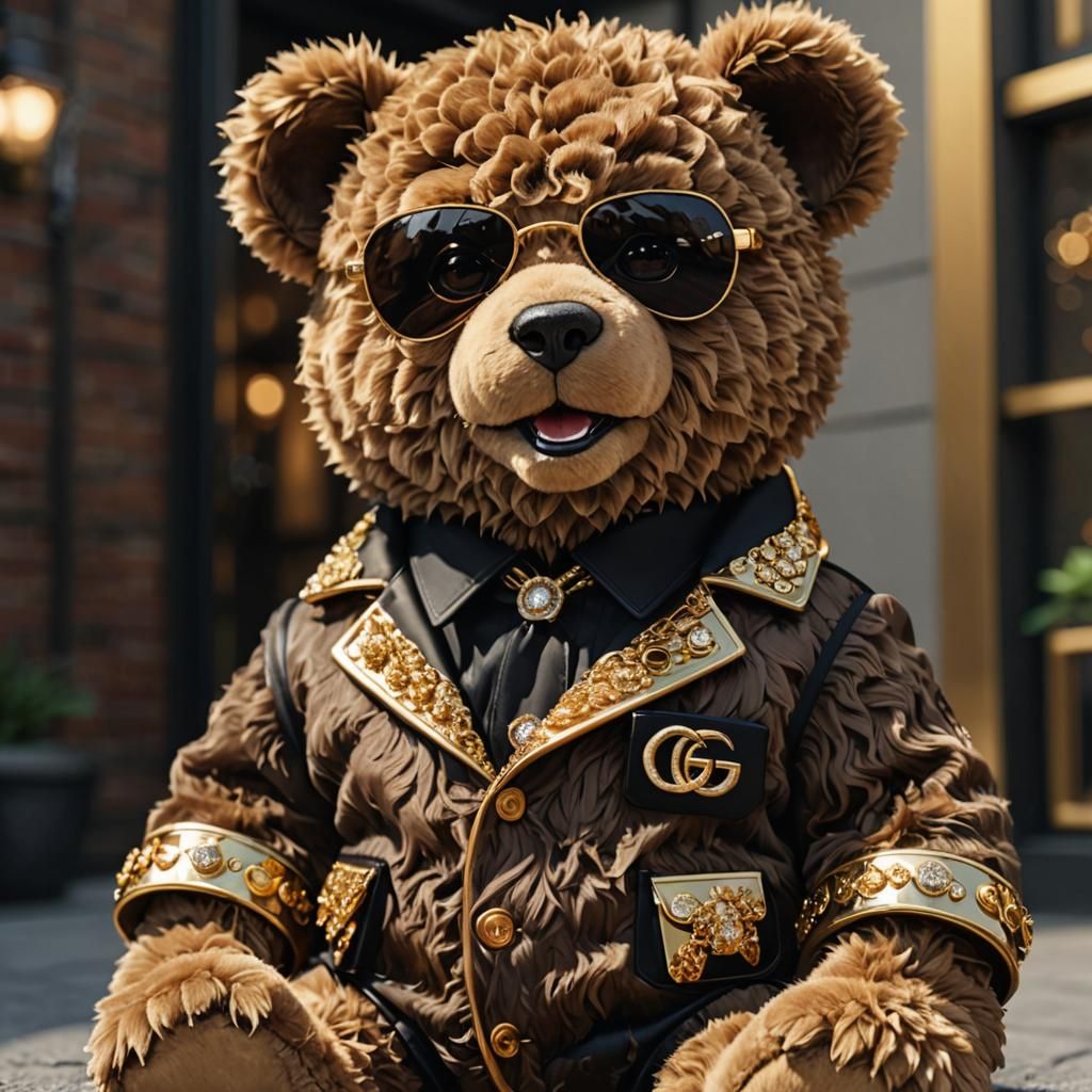fluffy brown teddy bear with gold and diamond teeth like wha...
