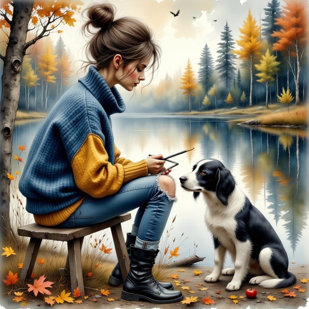 Woman Painting Dog Portrait in Hyperrealistic Style
