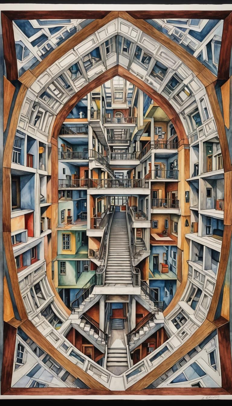 Escher-Inspired Multicolored Geometric Building Interior