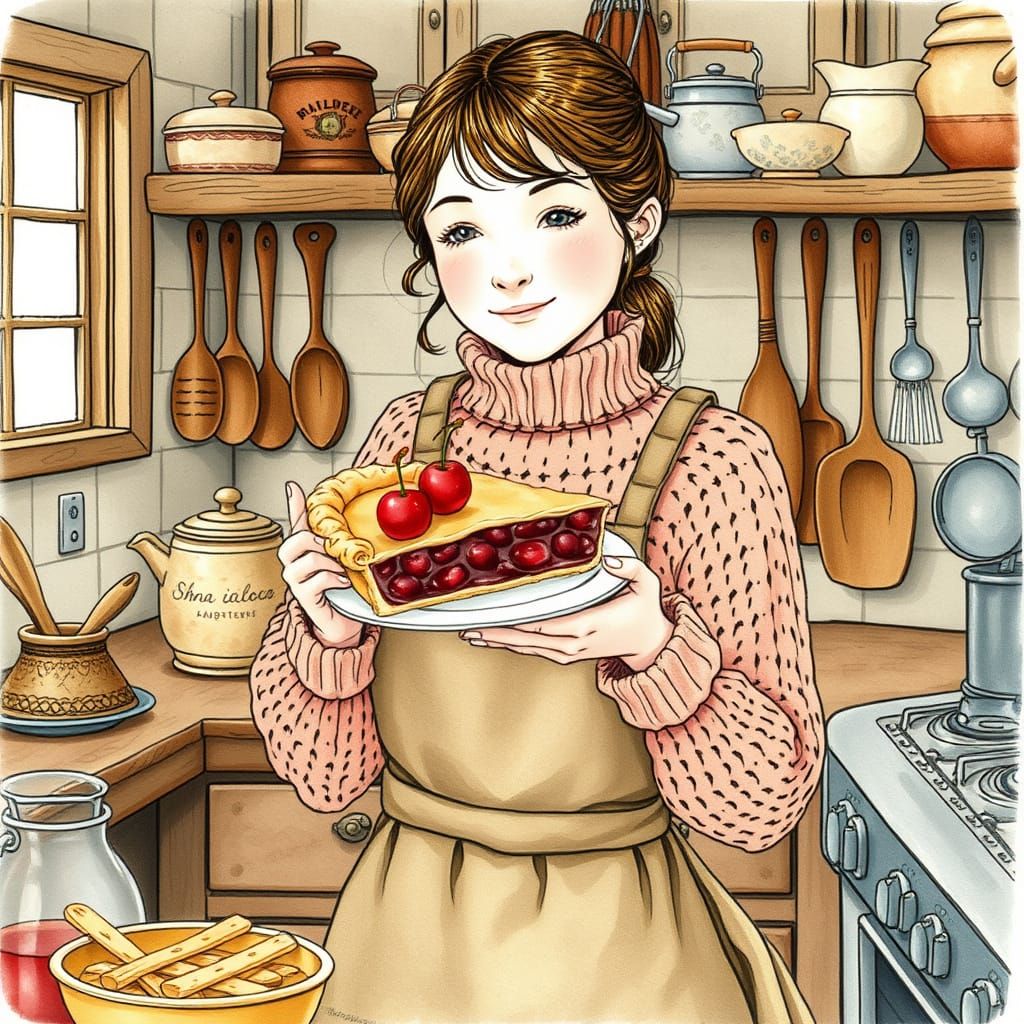Cozy Kitchen Cherry Pie in Folk Art Style