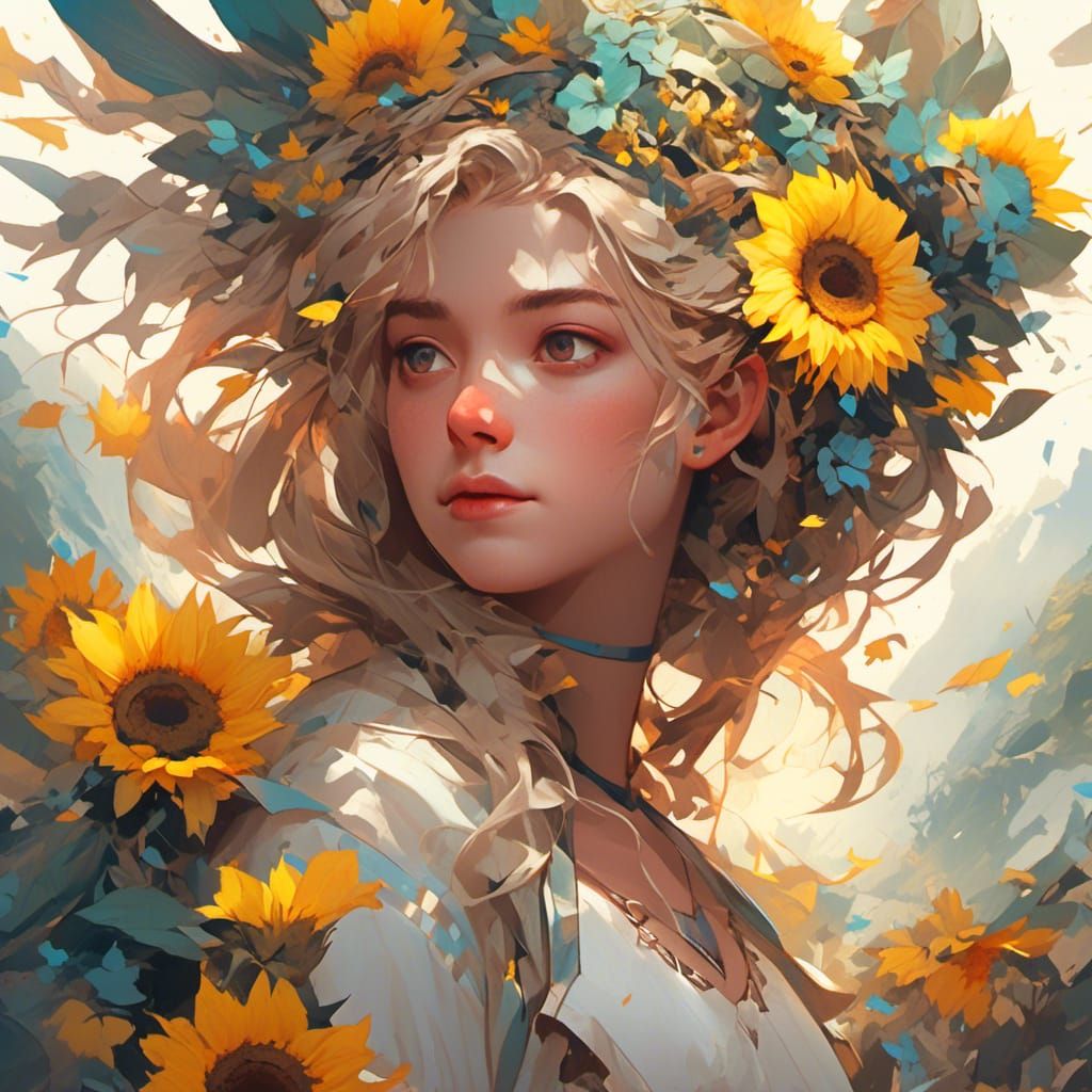 Woman with Sunflower Hair Portrait in Digital Art Style