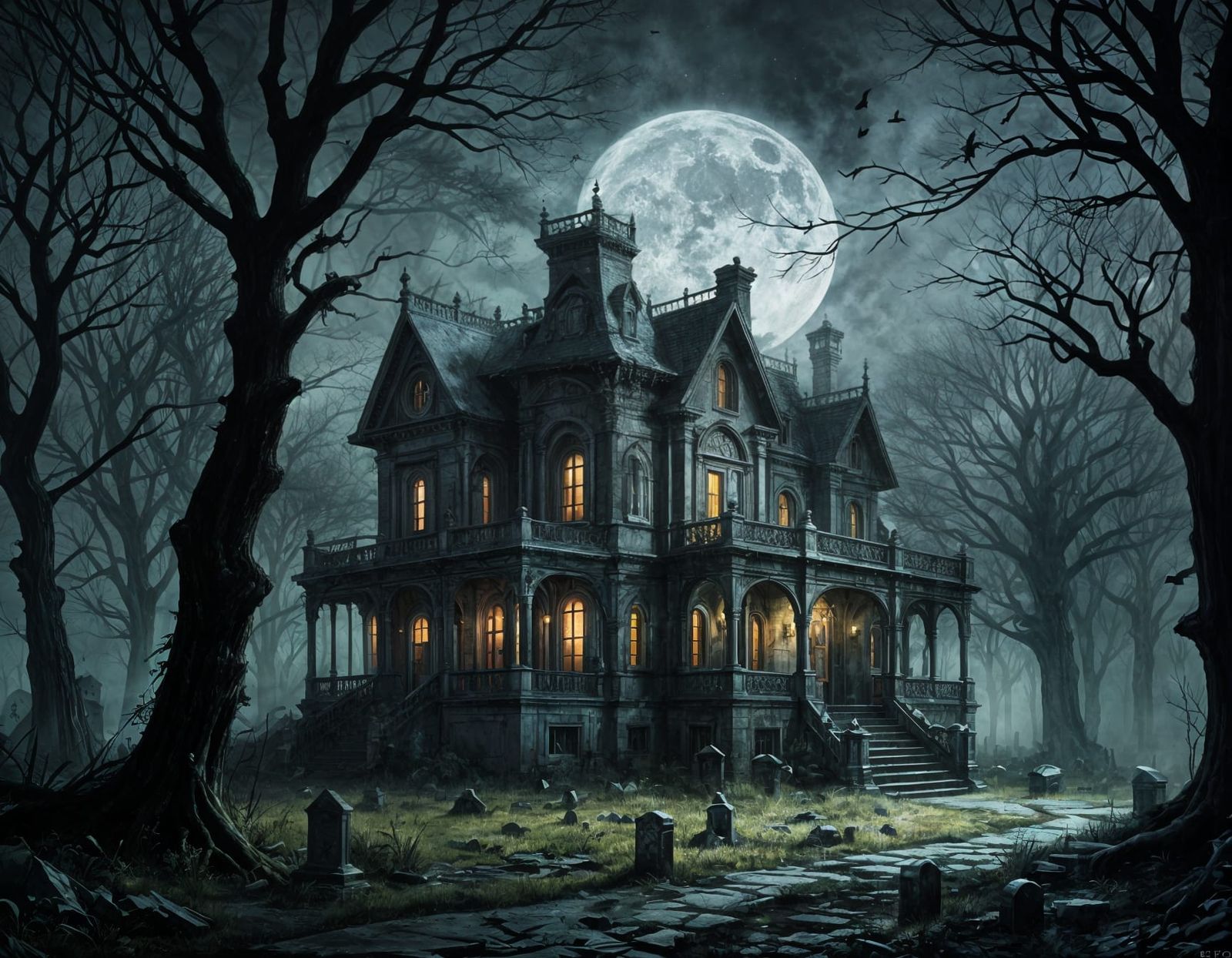 Eerie Abandoned Mansion in Sinister Horror Art