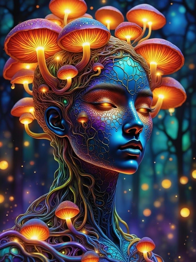 Luminous Humanoid Embodied in Glowing Vines and Mushrooms