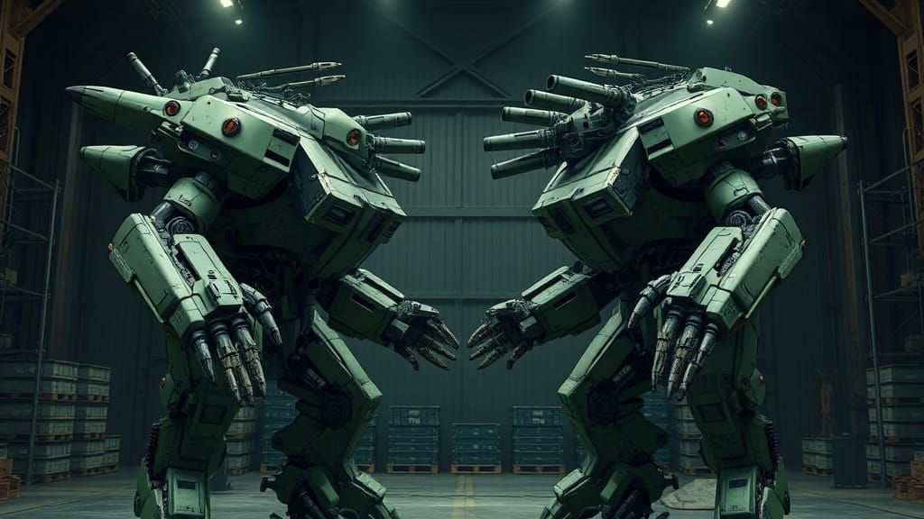 Mechas Clash in Industrial Hangar, Gothic Armor Style