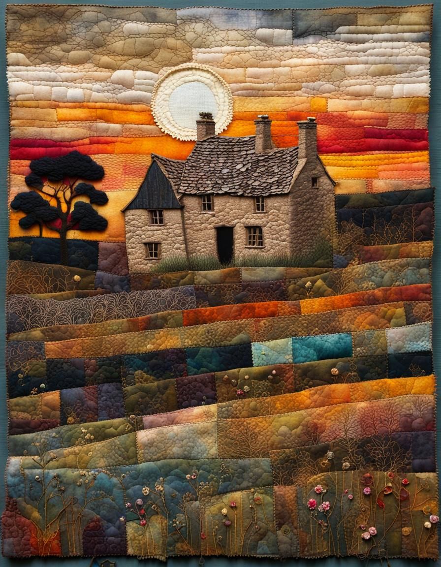 Cotswold Farmhouse Fabric Collage with Embroidery