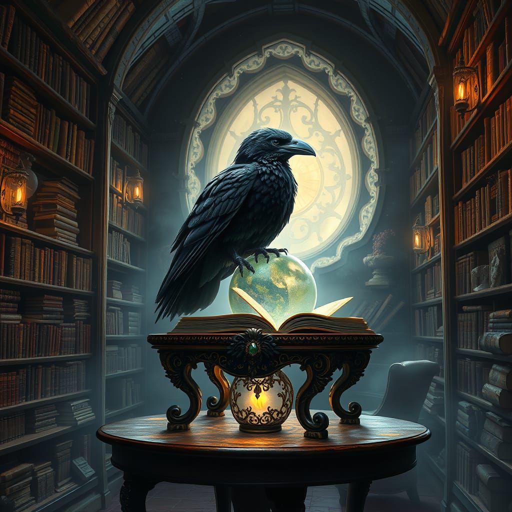 Mystical Ancient Library with Enchanted Books and Glowing Or...