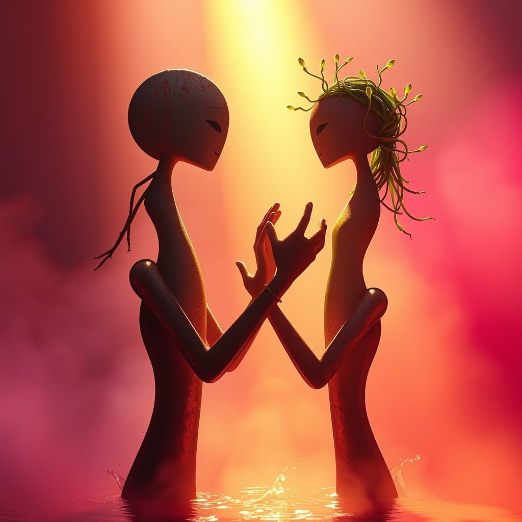 Entwined Iron and Spring Figures in Dramatic Light