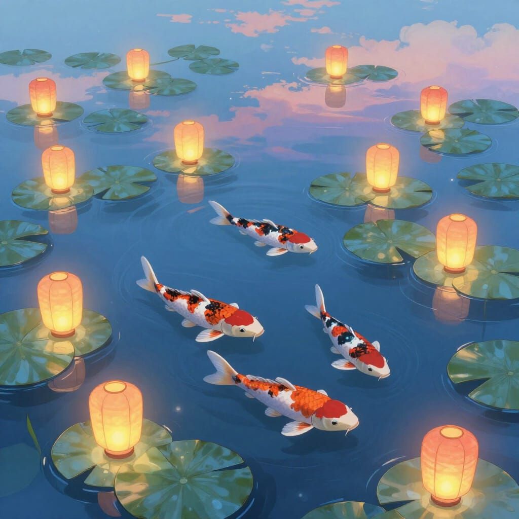 Ethereal Lilypads with Glowing Lanterns and Koi Fish