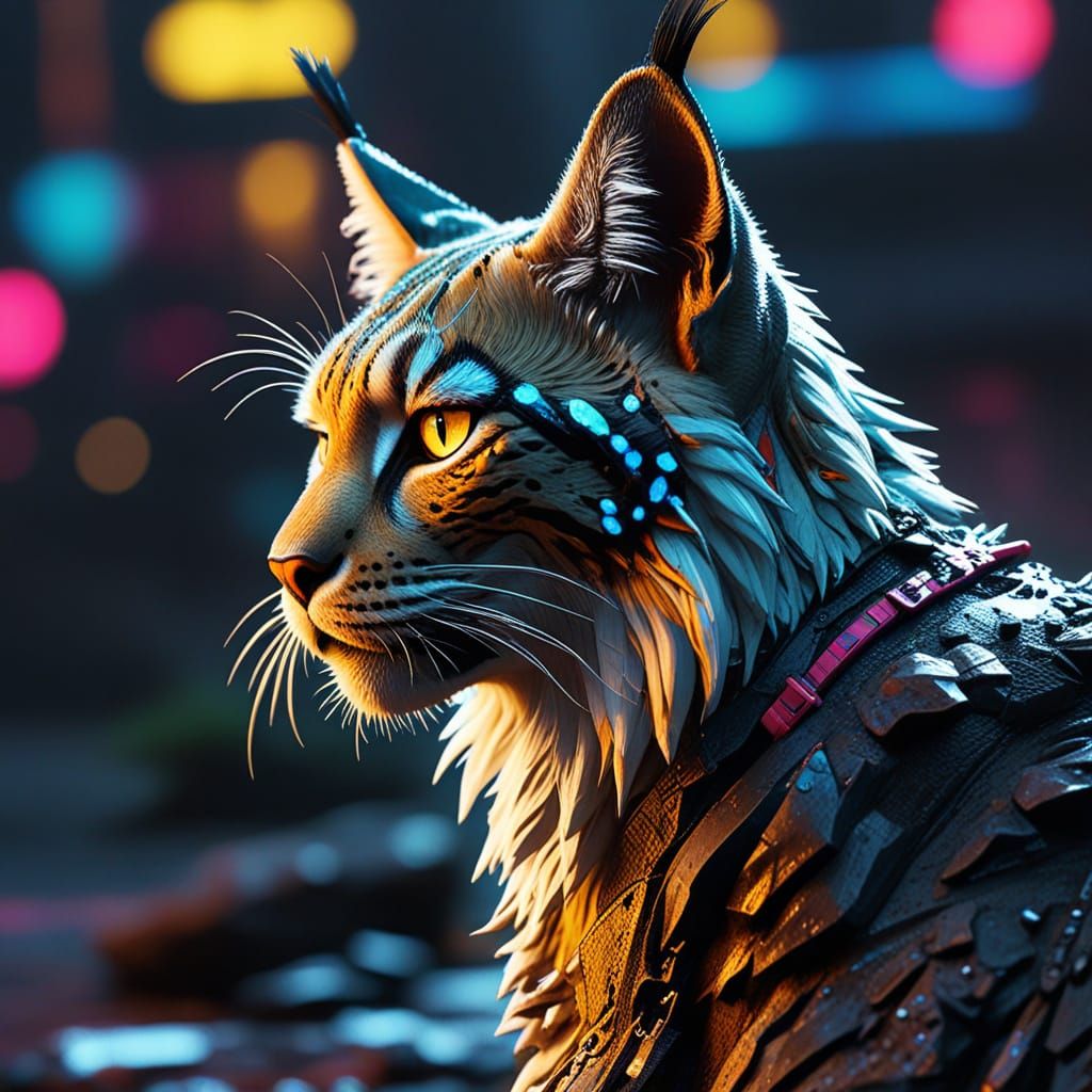 Cyberpunk Lynx with Glowing Dewdrops in Neon Light