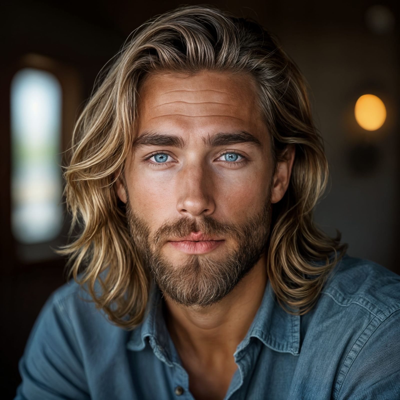 Confident Blonde Man with Blue Eyes and Beard