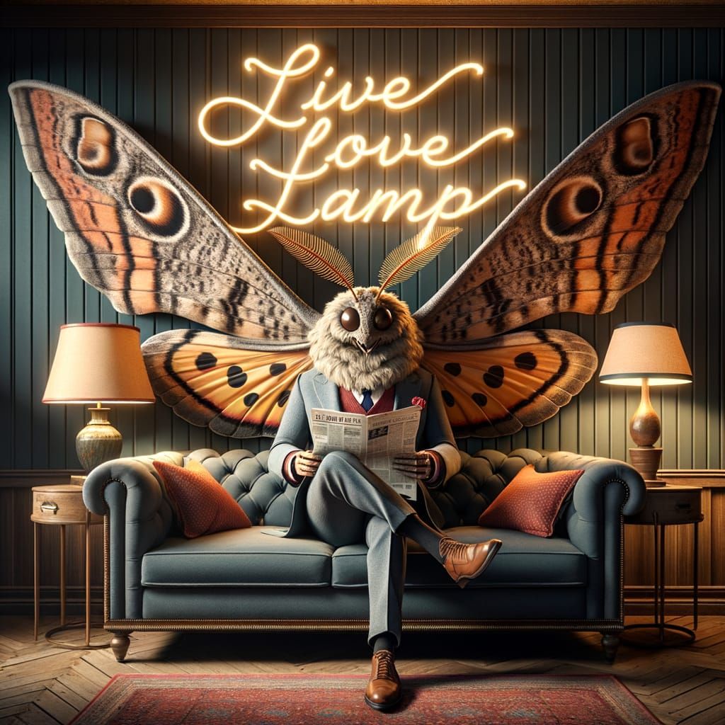 Anthropomorphic Mothman Lounging Under a Lamp