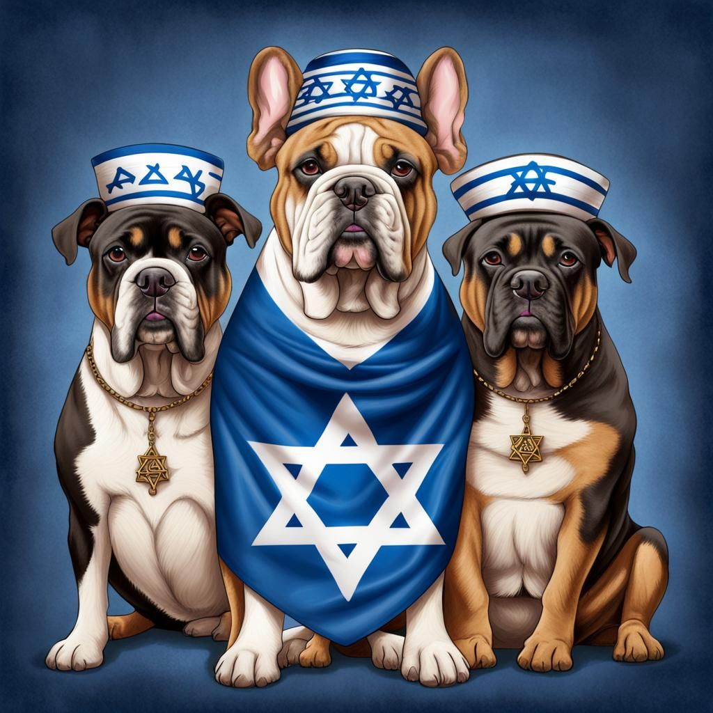 Anthropomorphic Dogs Praying with Yarmulkes and Prayer Shawl...