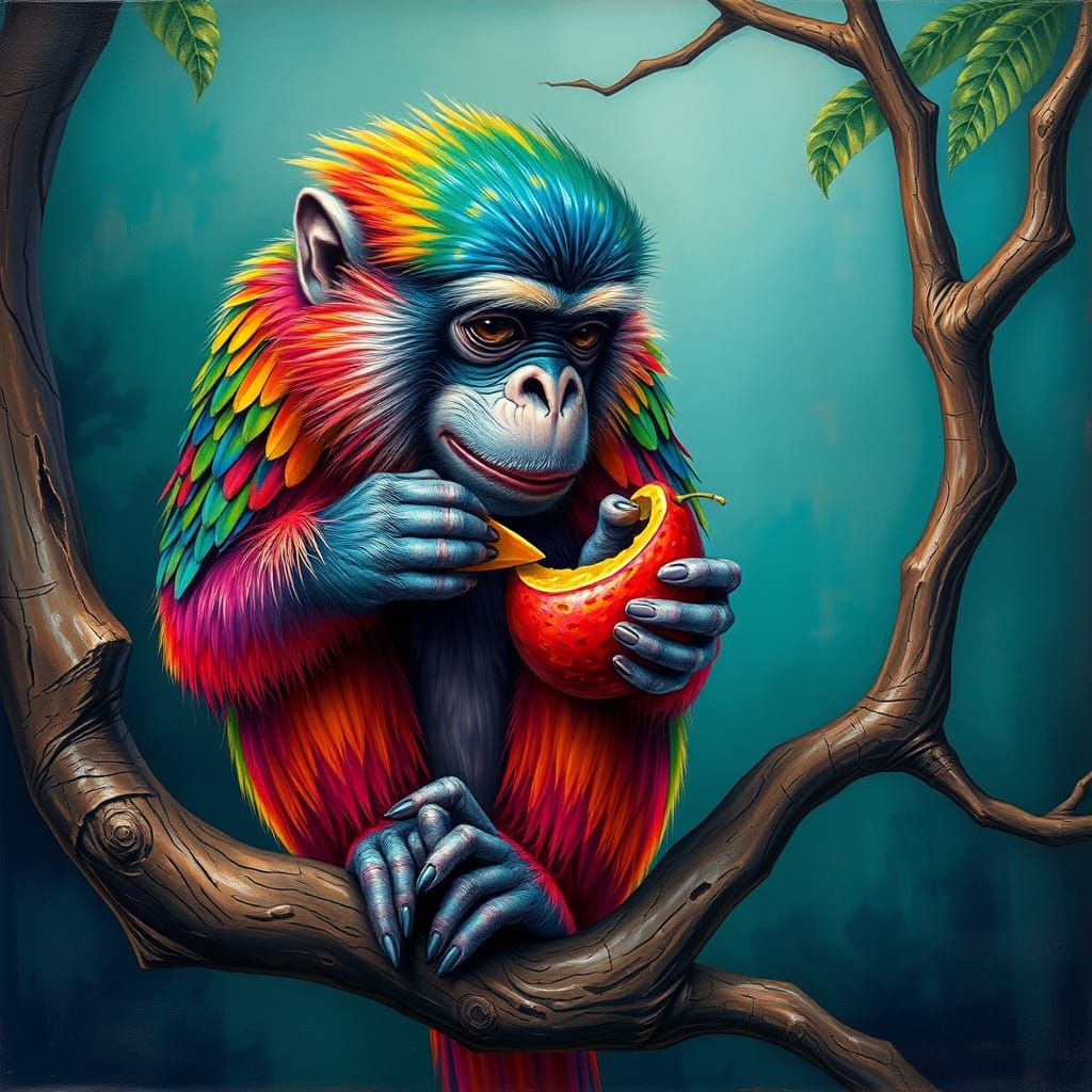 Iridescent Feathered Monkey Eating Exotic Fruit