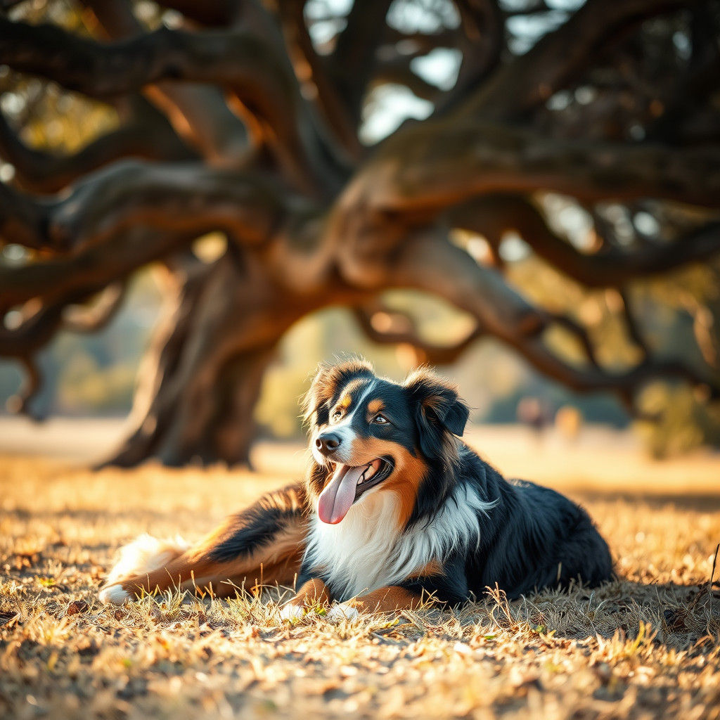 Australian Shepherd Chills in Golden Light Under Weathered T...