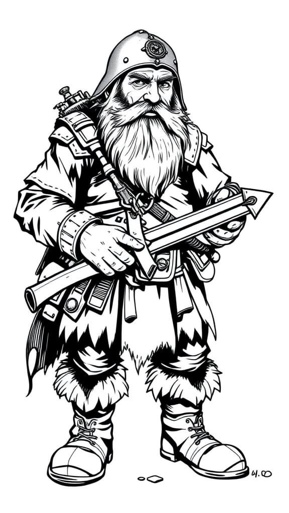 Dwarf Bandit in Black and White Line Art