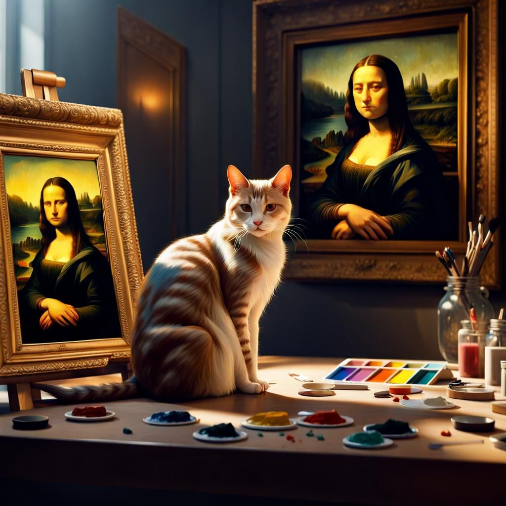 Cat Painting the Mona Lisa in Studio