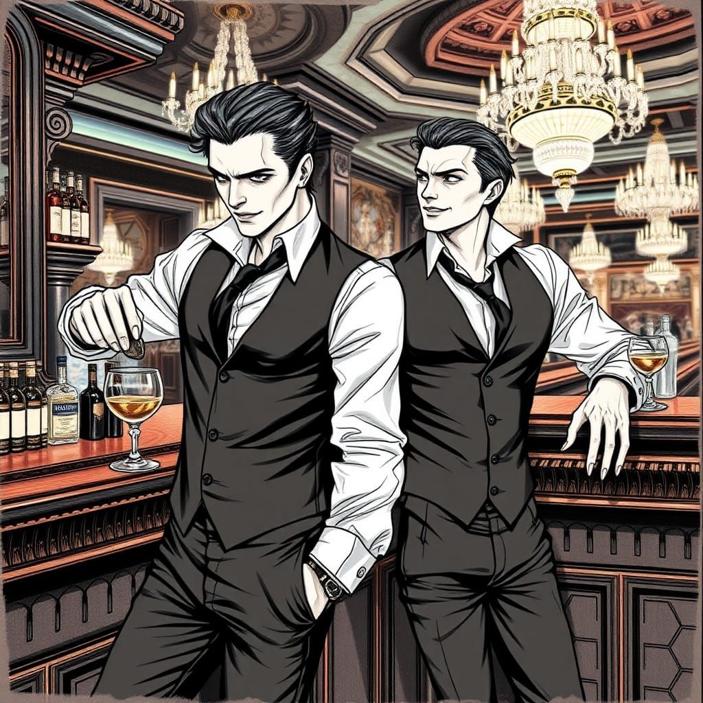 Handsome Vampire Bartenders in Upscale Casino, Ink Illustrat...