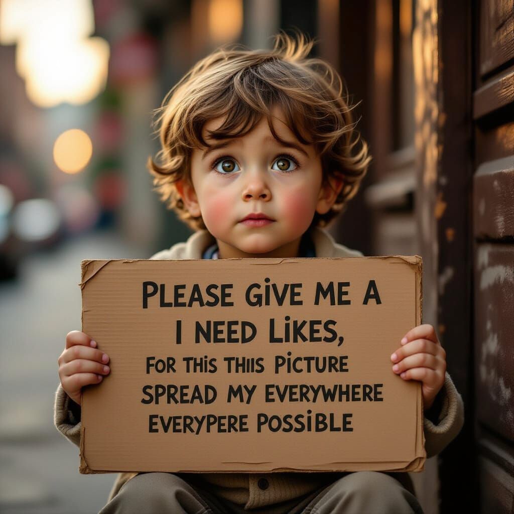 Emotional Boy Holding "Please Give Me A Like" Sign