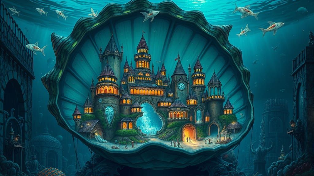 Surreal Bioluminescent Underwater City in Seashell