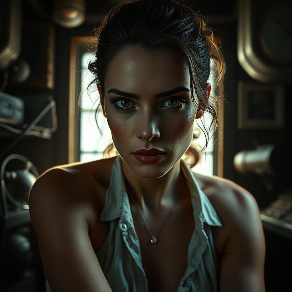Hyperrealistic Portrait of a Striking Woman in Moody Atmosph...