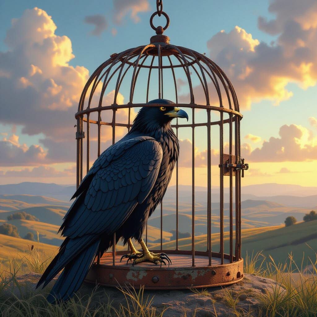 Majestic Bird in Open Cage with Hyperrealistic Landscape
