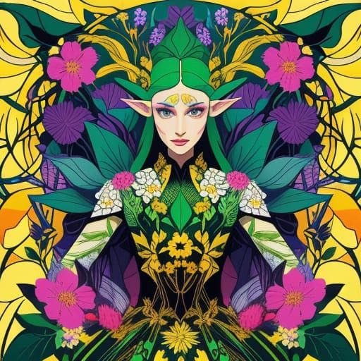 Vibrant Pop Art Elf Amidst Intricate Flowers