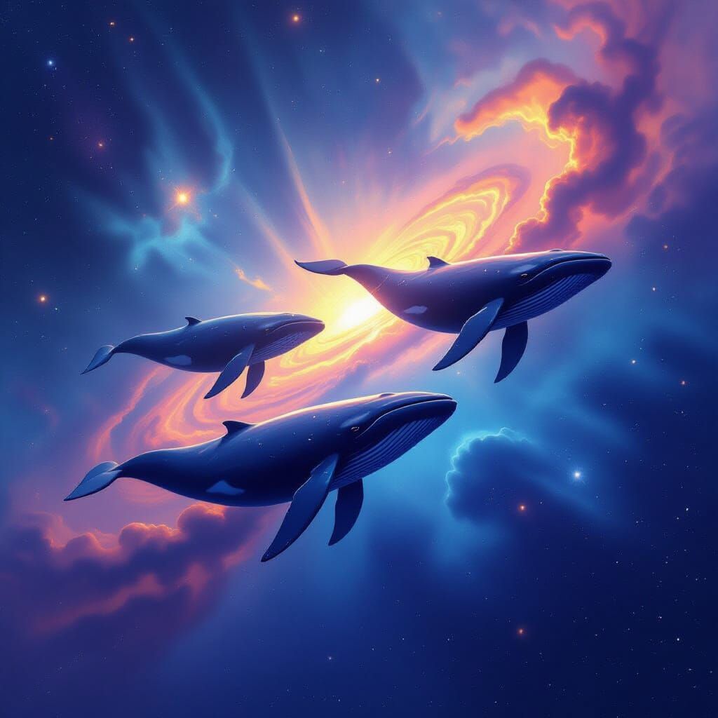 Whales Swimming Through Cosmic Nebula as Digital Illustratio...