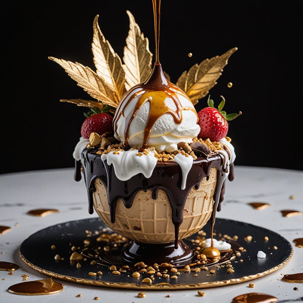 Luxury Ice Cream Sundae with Gold Leaf and Caramel