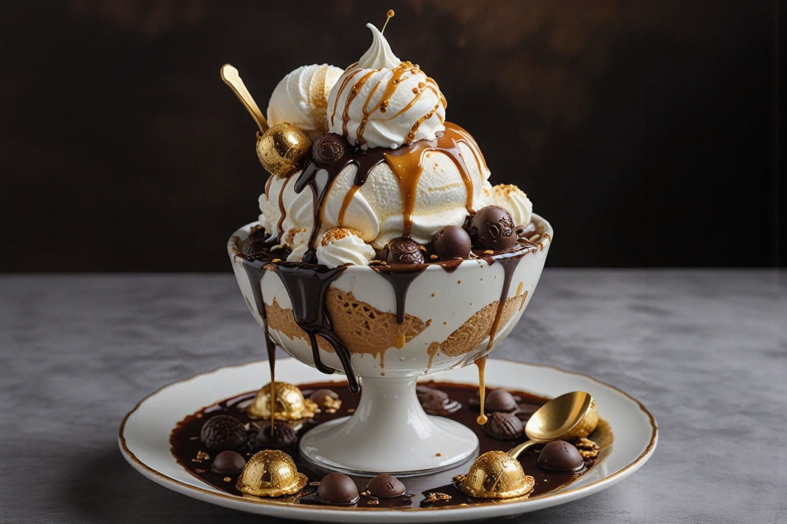 Ultra Realistic Luxury Ice Cream Sundae with Gold Leaf