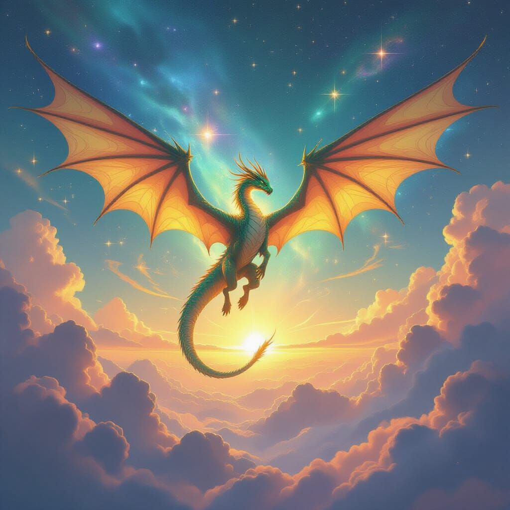 Fantasy Dragon Soaring Through Cosmic Sky in Airbrush Style